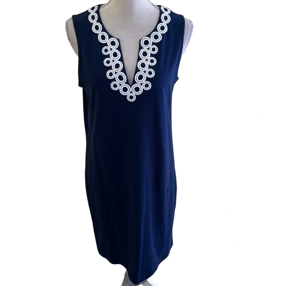 Lands' End Navy Blue Cotton Jersey Sleeveless Split Neck Shift with White Trim S